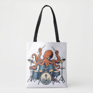 Custom Octopus Drummer Design Tote Bag