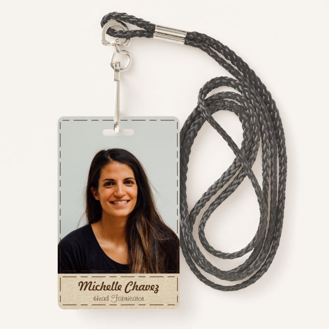 Custom Off-White Stiched Leather Employee Photo Badge (Front with Lanyard)