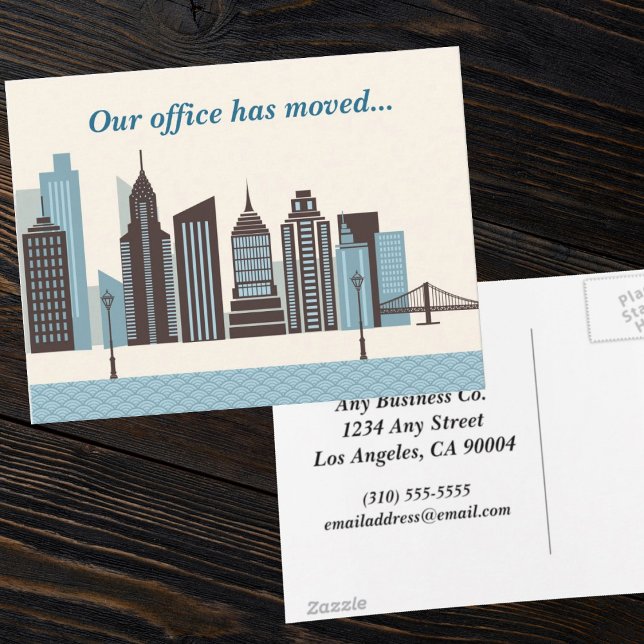 Custom Offices Have Moved Modern City Skyline Announcement Postcard (Creator Uploaded)