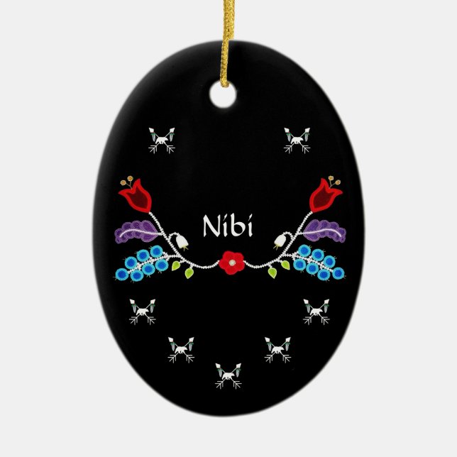 Custom Ojibwe Floral Bears Ceramic Ornament (Front)