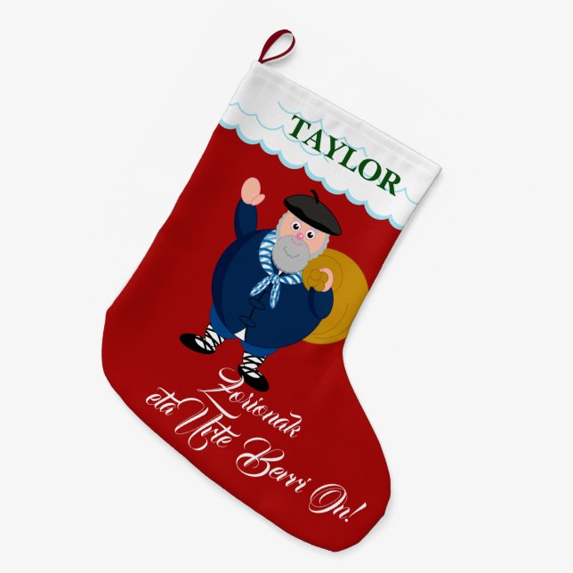 Custom, Olentzero + "Zorionak eta Urte Berri On", Large Christmas Stocking (Front (Hanging))