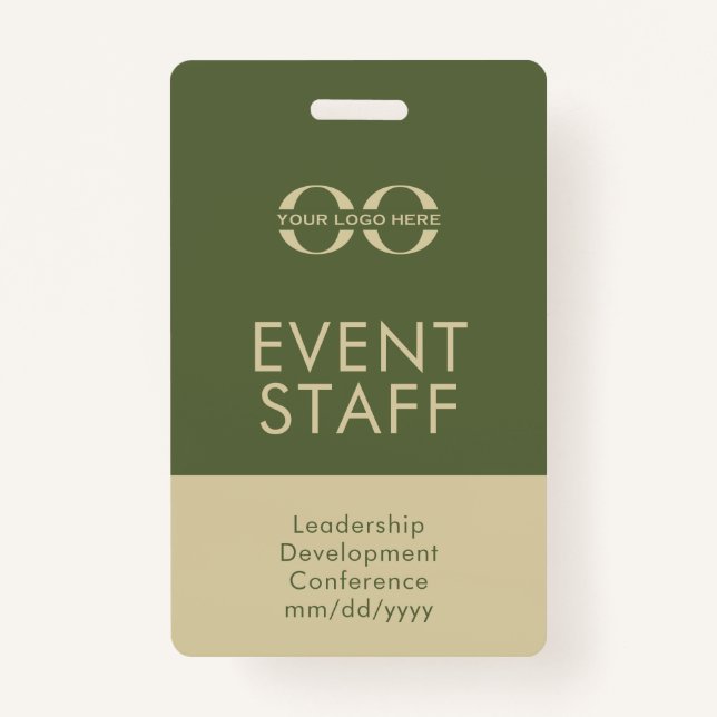 Custom Olive Green and Beige Event Staff ID Badge (Front)