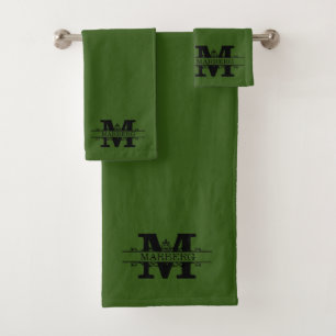 Custom Olive Green Fancy Monogram Bath Towel Set