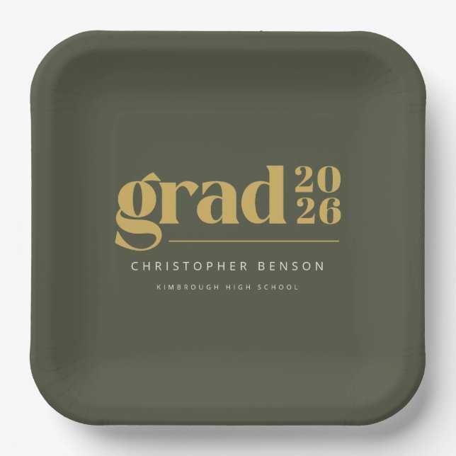 Custom Olive Green Gold Grad 2026 Graduation Paper Plate (Front)