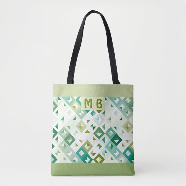 Custom Olive Green Teal Blue Ivory Mosaic Pattern Tote Bag (Front)