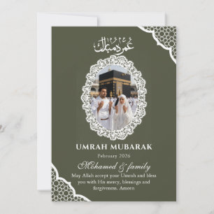 Custom Olive Green Umrah Mubarak Photo Card Elegan