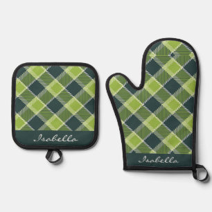 Custom Olive Green White Black Plaid Pattern Oven Mitt & Pot Holder Set