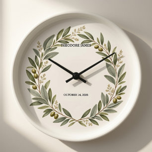 Custom Olive Wreath Baby Birth Stats Acrylic Wall Large Clock