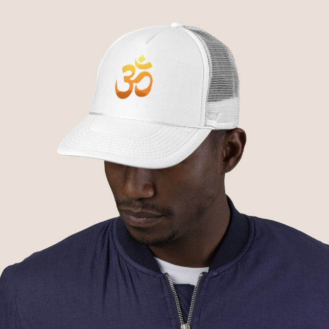 Custom Om Mantra Symbol Mens Womens White Trucker Hat (In Situ)