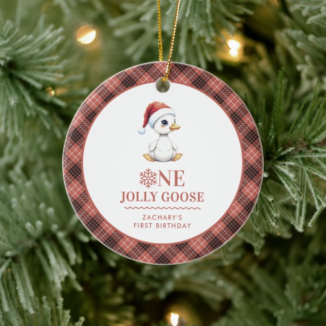 Custom One Jolly Goose December First Birthday Ceramic Ornament (Tree)