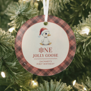 Custom One Jolly Goose December First Birthday Glass Ornament