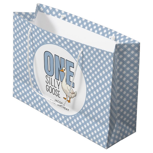 Custom One Silly Goose 1st Birthday Plaid Pattern Large Gift Bag (Front Angled)
