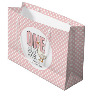 Custom One Silly Goose 1st Birthday Plaid Pattern Large Gift Bag