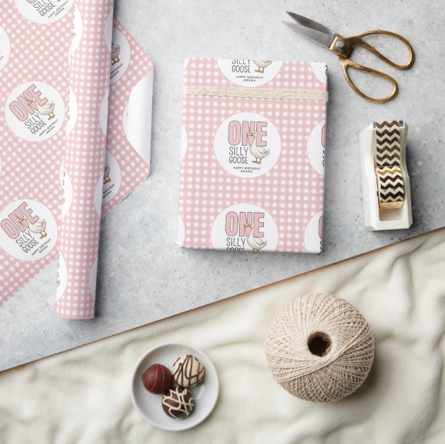 Custom One Silly Goose 1st Birthday Plaid Pattern Wrapping Paper (Crafts)