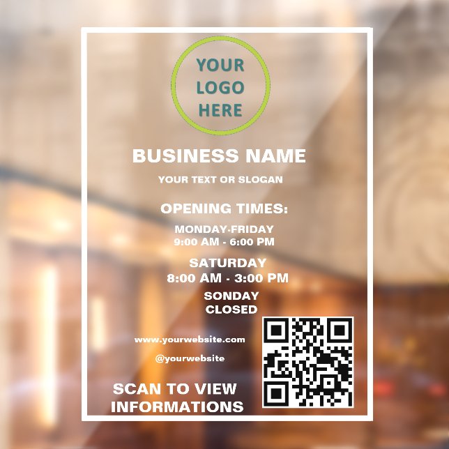 Custom Open Hours Business Logo QR Code Window Cling (Sheet 2)