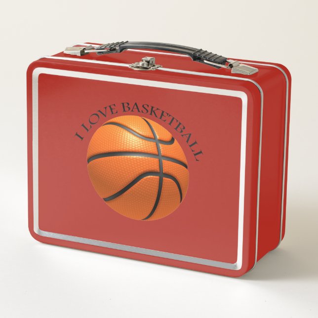 Custom orange and black leather basketball metal lunch box (Front)