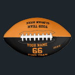 Custom orange black Football Name, Number, Team<br><div class="desc">Create your own custom orange black white Football with Name, Number, Team Name, Slogan and Year. Personalize this simple classic football template with your custom message, name, team name and year. Easily personalize it for a cool sport keepsake. Create your unique personalized gift for coach, boy's birthday, football player, teammates...</div>