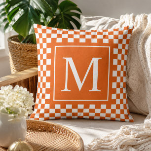 Custom Orange Chequered Monogram Initial Letter Throw Pillow