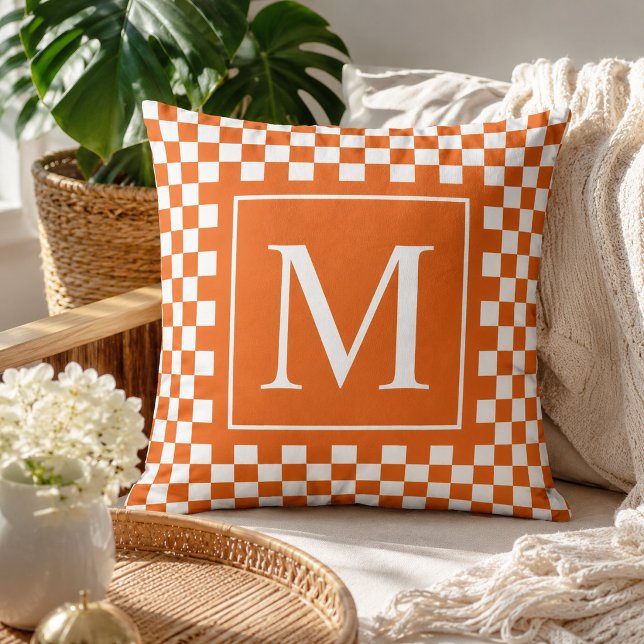 Custom Orange Chequered Monogram Initial Letter Throw Pillow (Creator Uploaded)