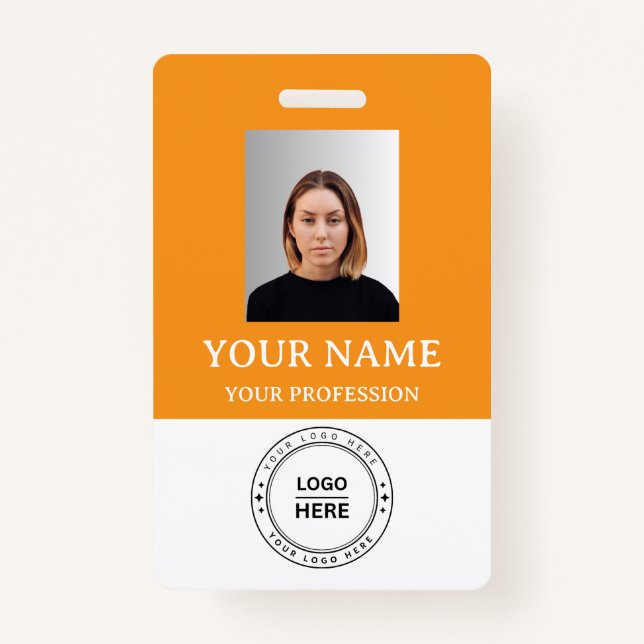 Custom orange Employee Badge with Photo, Logo, QR (Front)