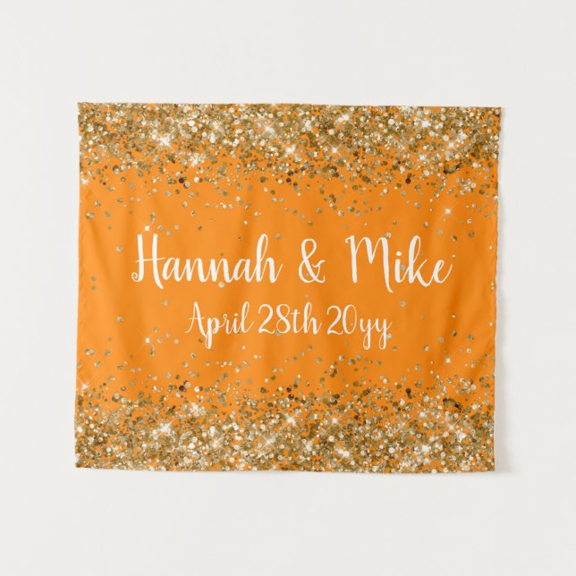 Custom Orange & Gold Wedding Backdrop Photo Booth Tapestry (Front (Horizontal))