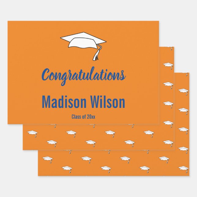 Custom Orange Graduation Congratulations Wrapping Paper Sheet (Set)