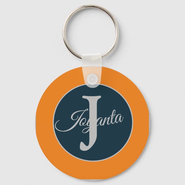 Custom  orange greay blue Monogram Elegant Keychain (Front)