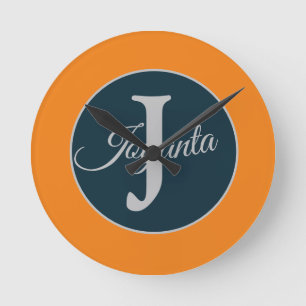 Custom orange greay blue Monogram Elegant Round Clock
