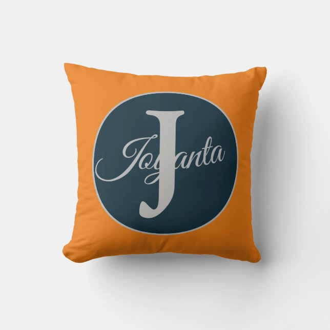 Custom  orange greay blue Monogram Elegant Throw Pillow (Front)