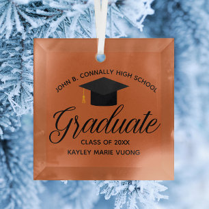 Custom Orange High School Graduation Christmas Glass Ornament