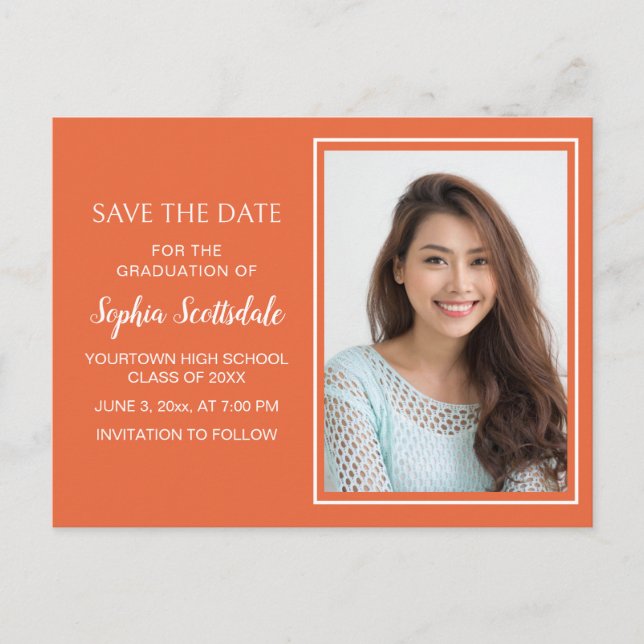 Custom Orange Photo Graduation Save Date Announcement Postcard (Front)