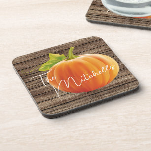 Custom Orange Pumpkin Green Leaves On Woodgrain Coaster