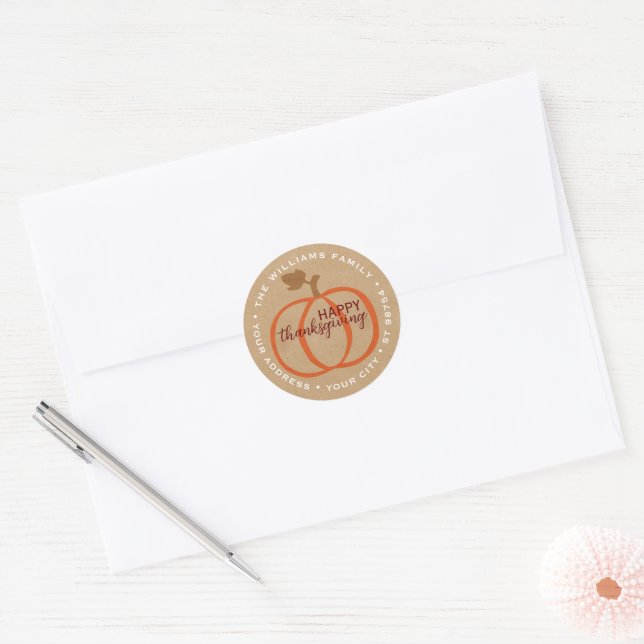 Custom Orange Pumpkin On Faux Rustic Brown Kraft Classic Round Sticker (Envelope)