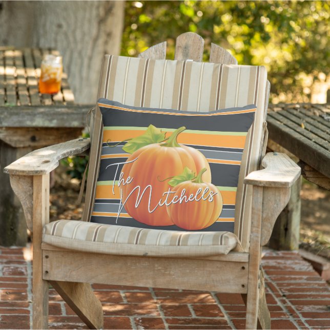 Custom Orange Pumpkin On Vibrant Stripes Pattern Outdoor Pillow (Chair)