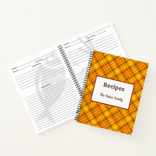 Custom Orange Retro Plaid Editable Recipe Notebook (Inside)