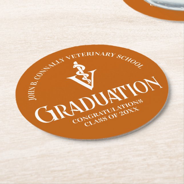 Custom Orange Veterinary School Graduation Party Round Paper Coaster (Angled)