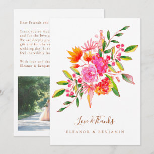 Custom Orange Watercolor Botanical Photo Wedding Thank You Card
