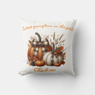 Custom orange, white fall Pumpkins, coquette bow Throw Pillow