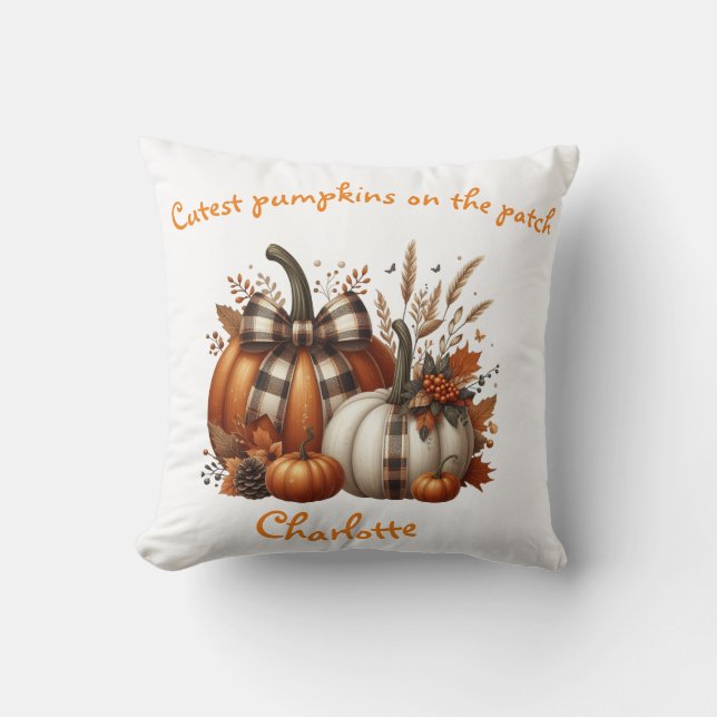 Custom orange, white fall  Pumpkins, coquette bow Throw Pillow (Front)