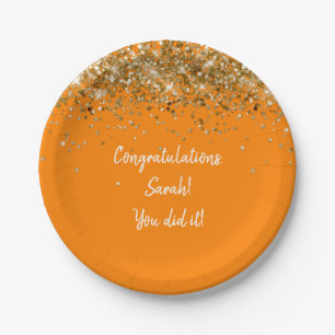 Custom Orange White Gold Graduation Party Glitter Paper Plate