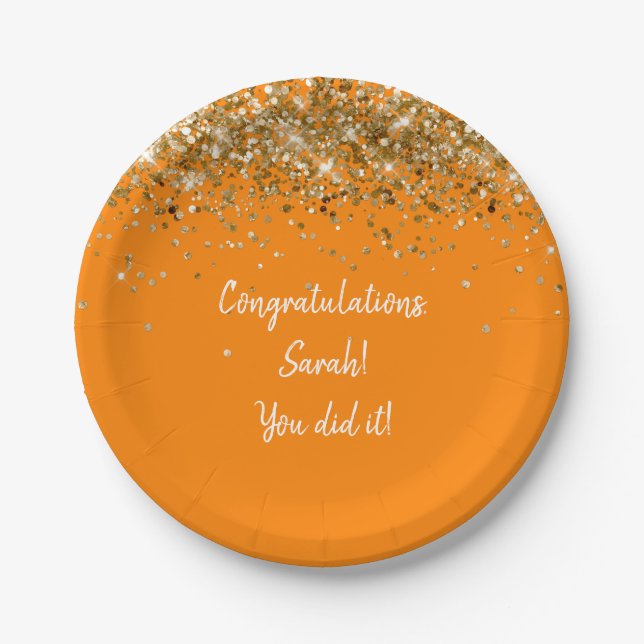 Custom Orange White Gold Graduation Party Glitter Paper Plate (Front)