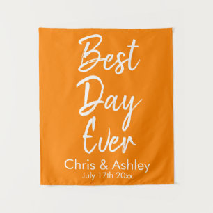 Custom Orange White Wedding Backdrop Best Day Ever Tapestry
