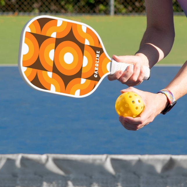 Custom Orange Yellow Brown Retro Mod Art Pattern Pickleball Paddle (Insitu)