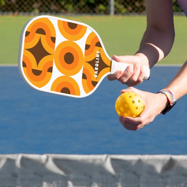 Custom Orange Yellow Brown Retro Mod Art Pattern Pickleball Paddle (Insitu)