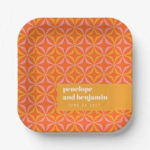 Custom Orange Yellow Retro Typography Wedding Paper Plate