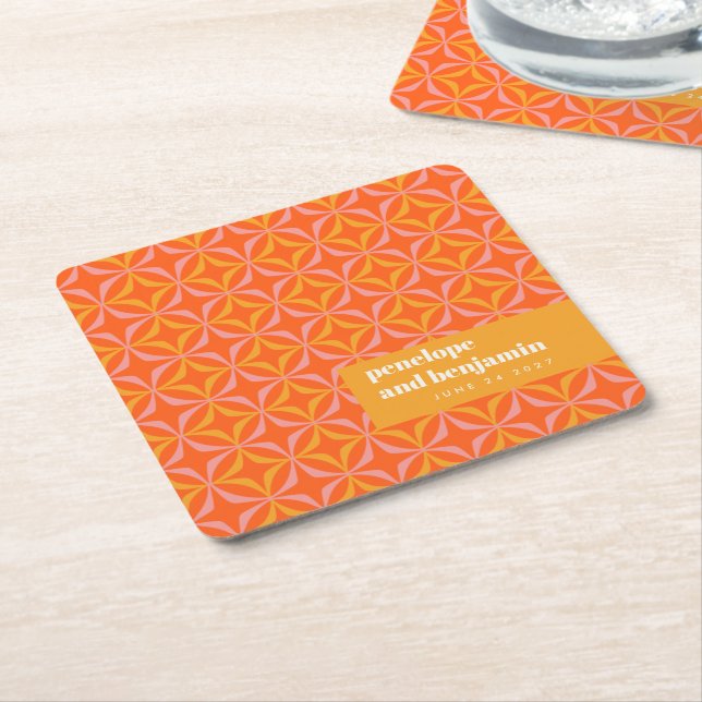Custom Orange Yellow Retro Typography Wedding Square Paper Coaster (Angled)