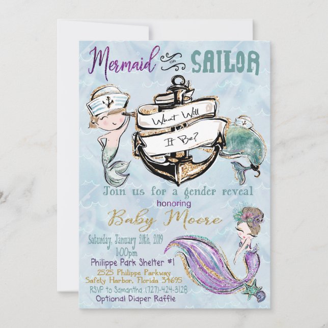 Custom order mermaid gender reveal holiday card (Front)