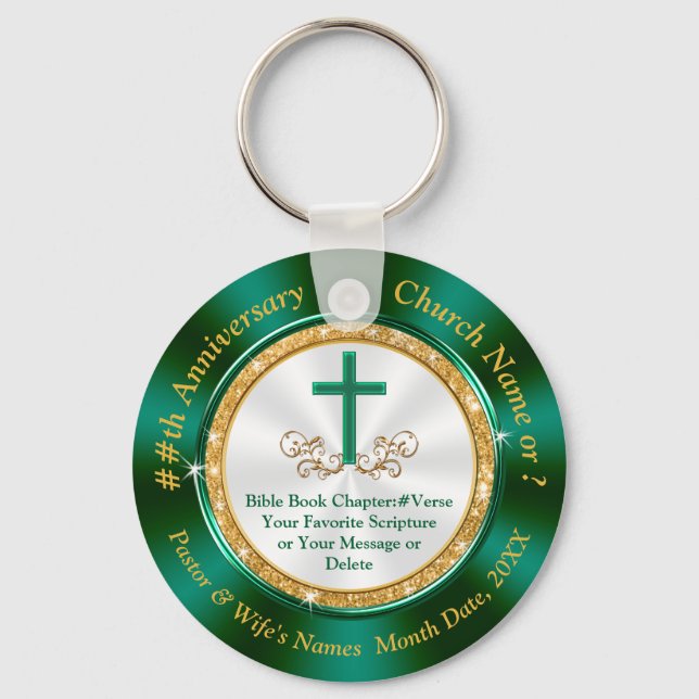 Custom Ordered Green Gold White Church Anniversary Keychain (Front)