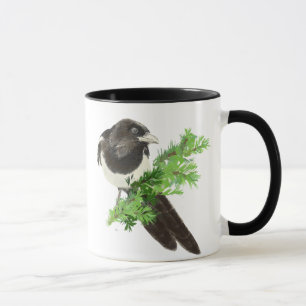 Custom Original Watercolor Magpie Pine Branch Mug