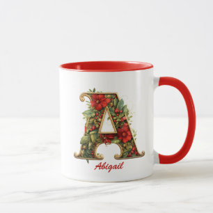 Custom Ornate Monogram A Christmas Red Gold Mug